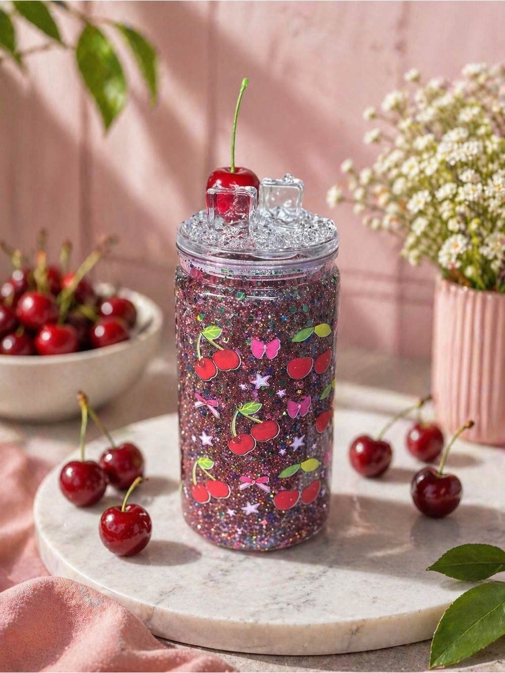 Cherry Glitter Tumbler Travel Mug - Pink Sparkle